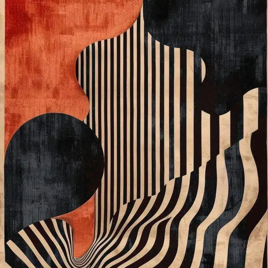 A striking abstract design of the Crimson Noir Classic Hand Tufted Rug, featuring bold black and cream stripes with deep red and black circular patterns. Perfect for adding a contemporary touch to your bedroom or dining room, this wool area rug combines style and comfort effortlessly.