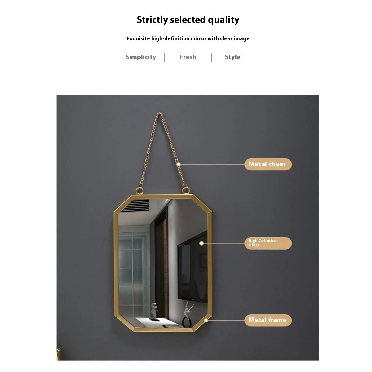 Luxury hanging mirror with golden border for bedroom or dorm wall.