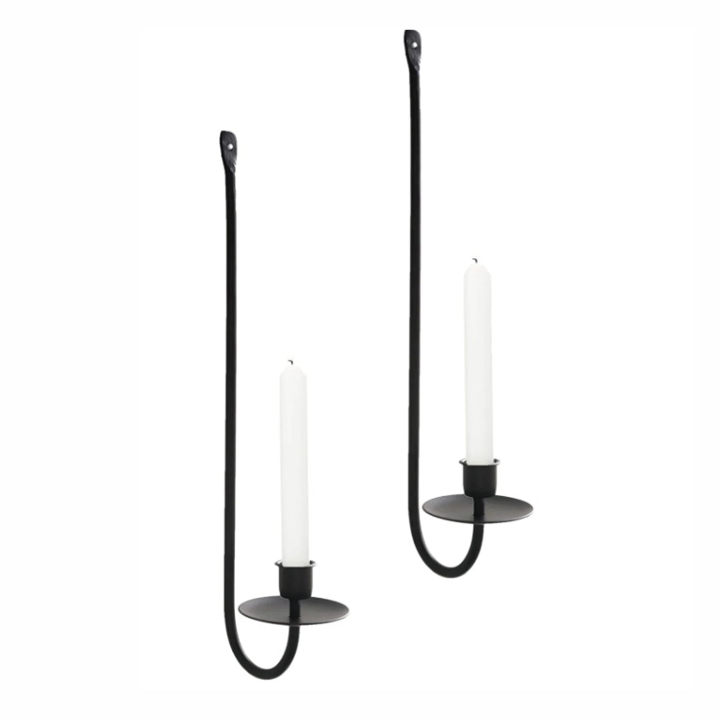 Elegant black metal wall mounted candle holder pair.