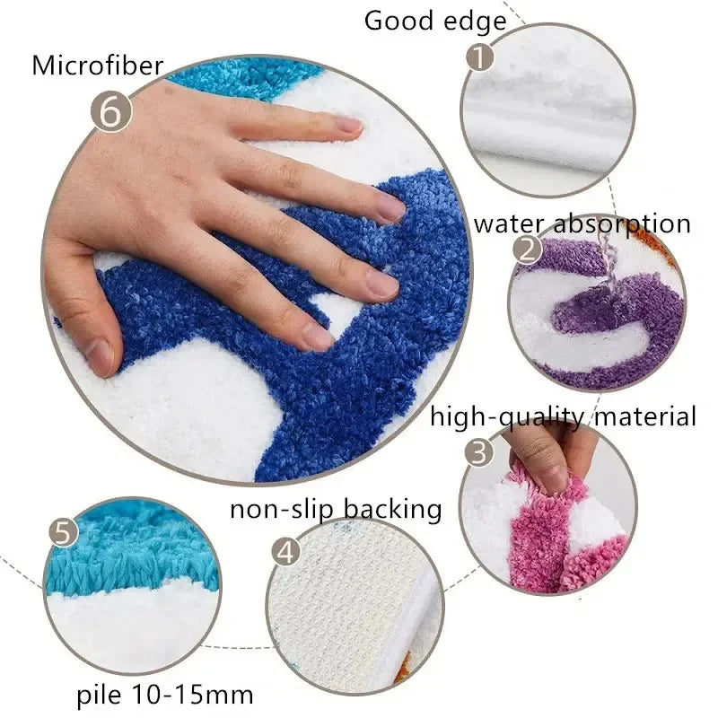Luxury absorbent bath rug with humorous design.