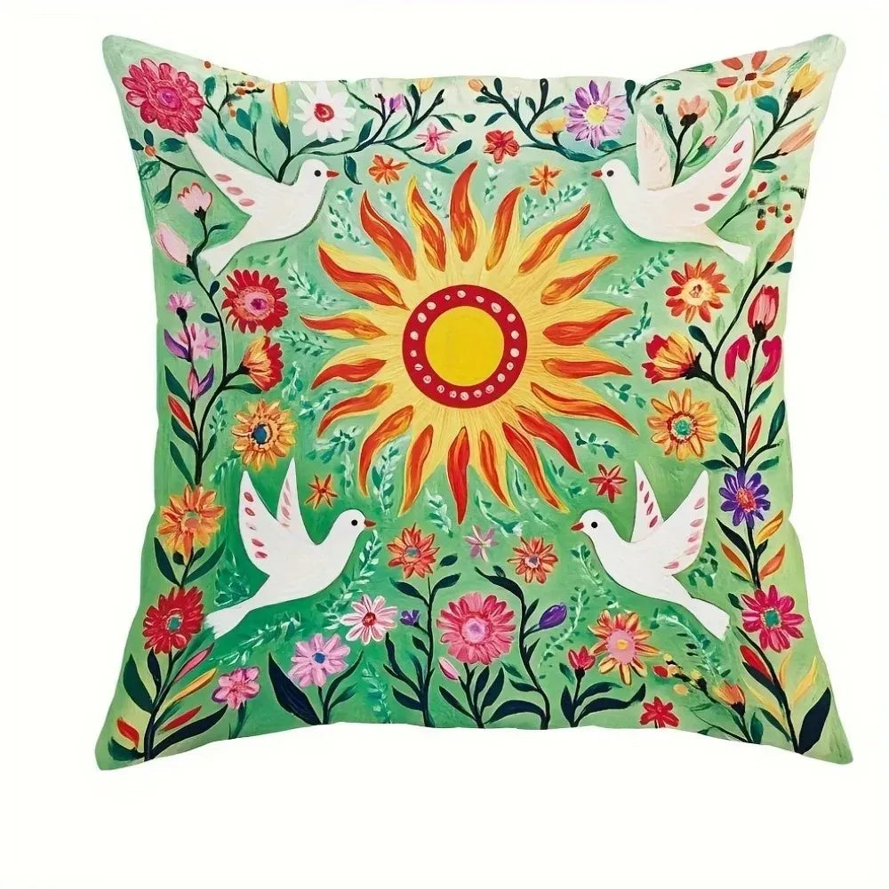 Sun bloom doves decorative cushion cover with colorful design.