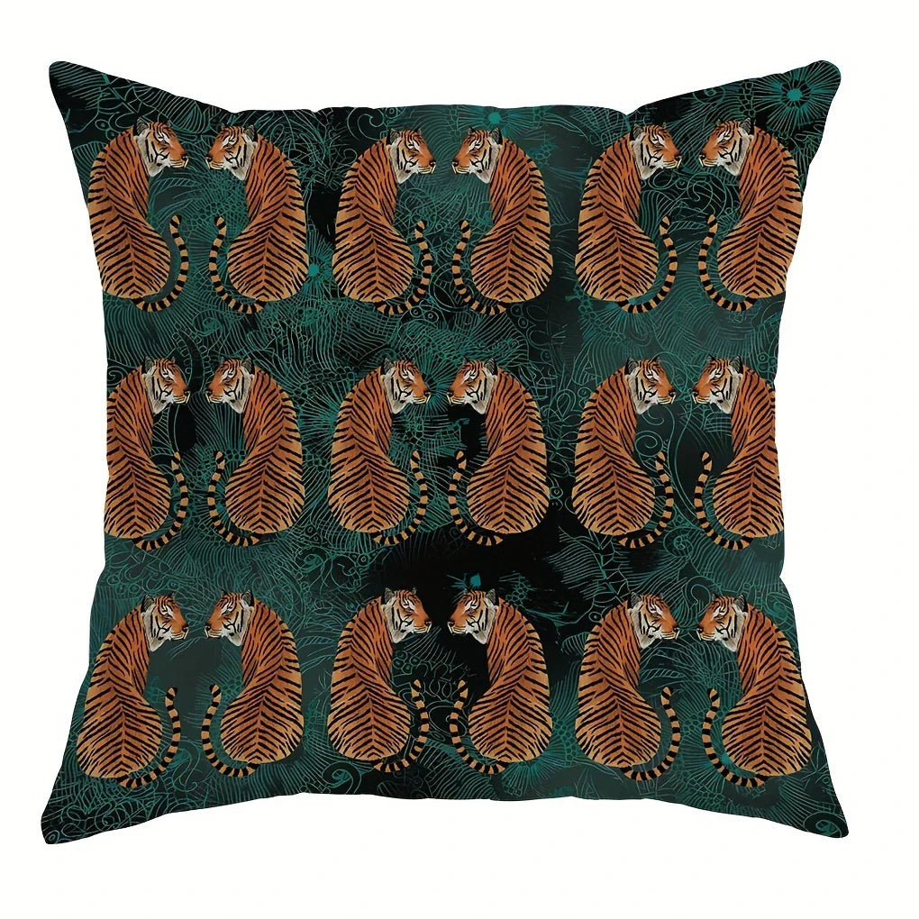 Square polyester tiger pillow case for boho home décor.