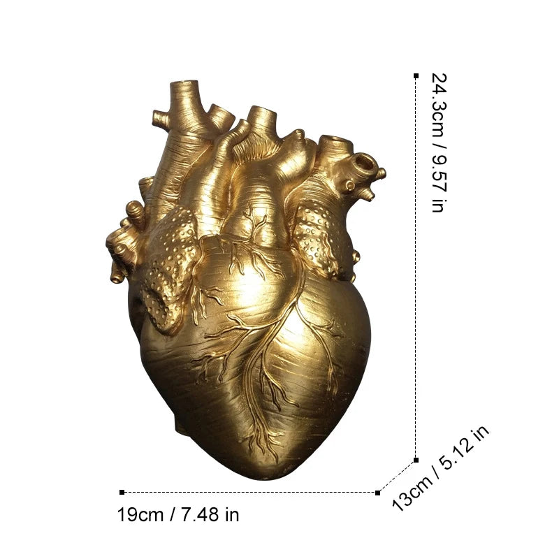 Gold resin anatomical heart vase for creative arrangements.