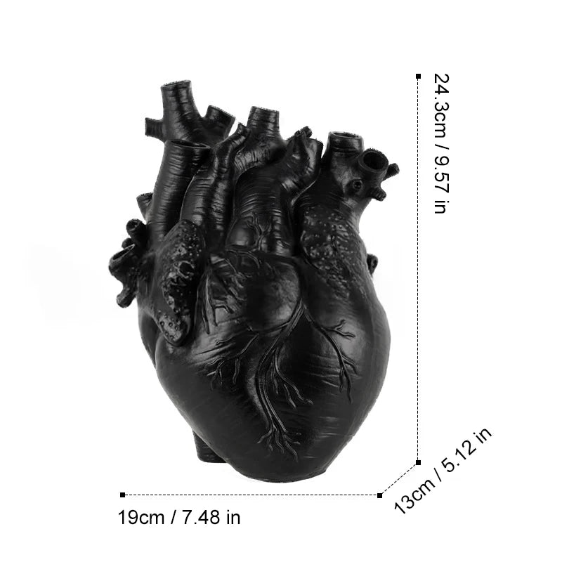 Black anatomical heart decorative vase for minimalist home.