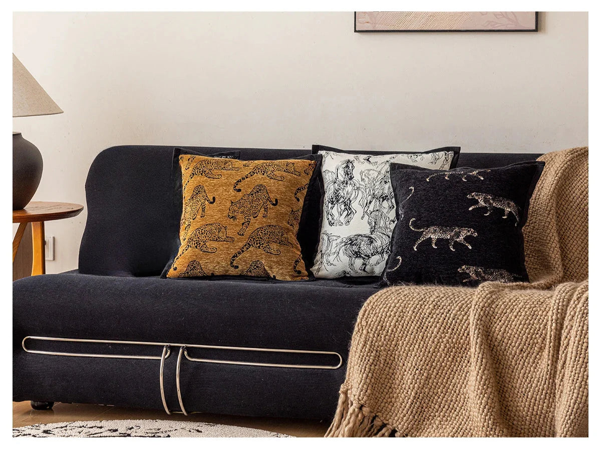 Black jacquard leopard throw pillow for sofa.