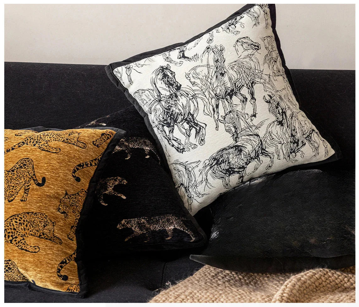 Brown retro luxury cushion with leopard embroidery.