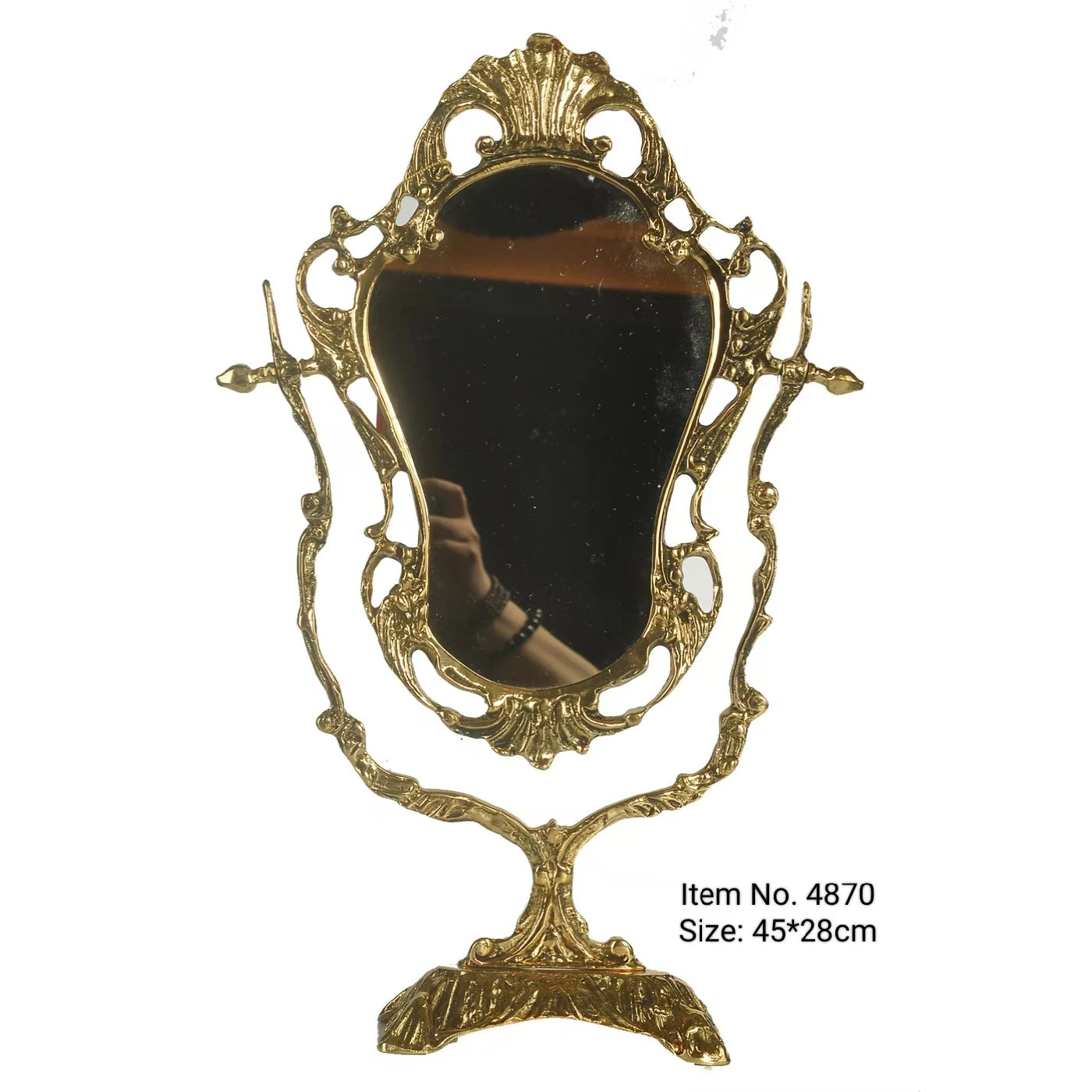 Antique gold oval mirror with ornate floral baroque frame.