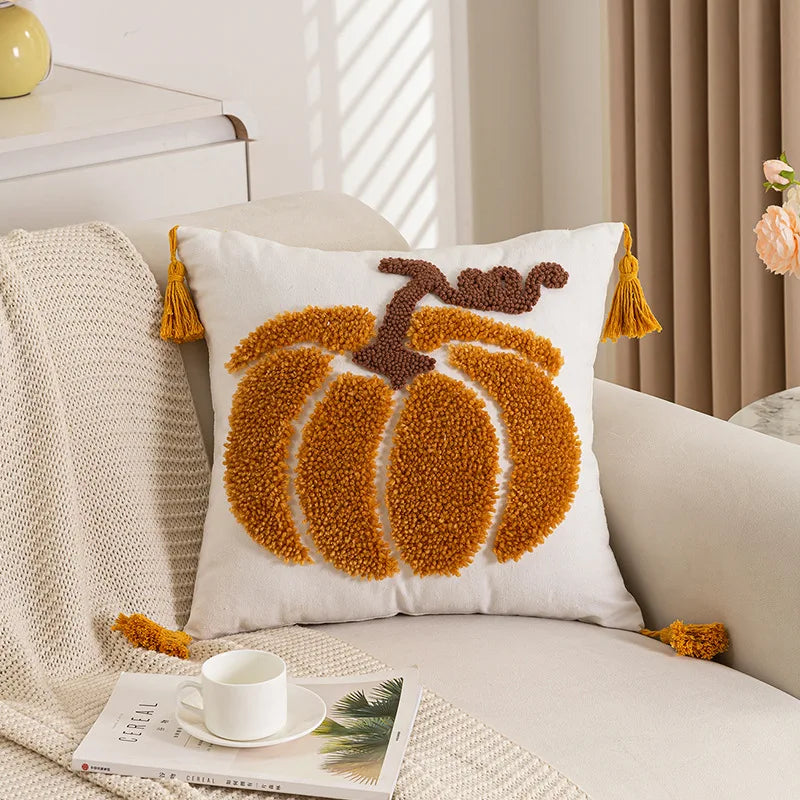 Velvet fall pumpkin pillow cover with textured embroidery