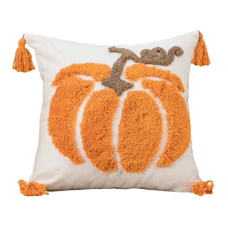Pumpkin tufted velvet pillow cover with tassels in autumn orange