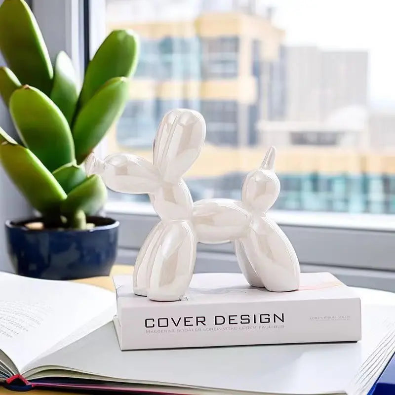 Decorative balloon dog ceramic sculpture in many color glaze.