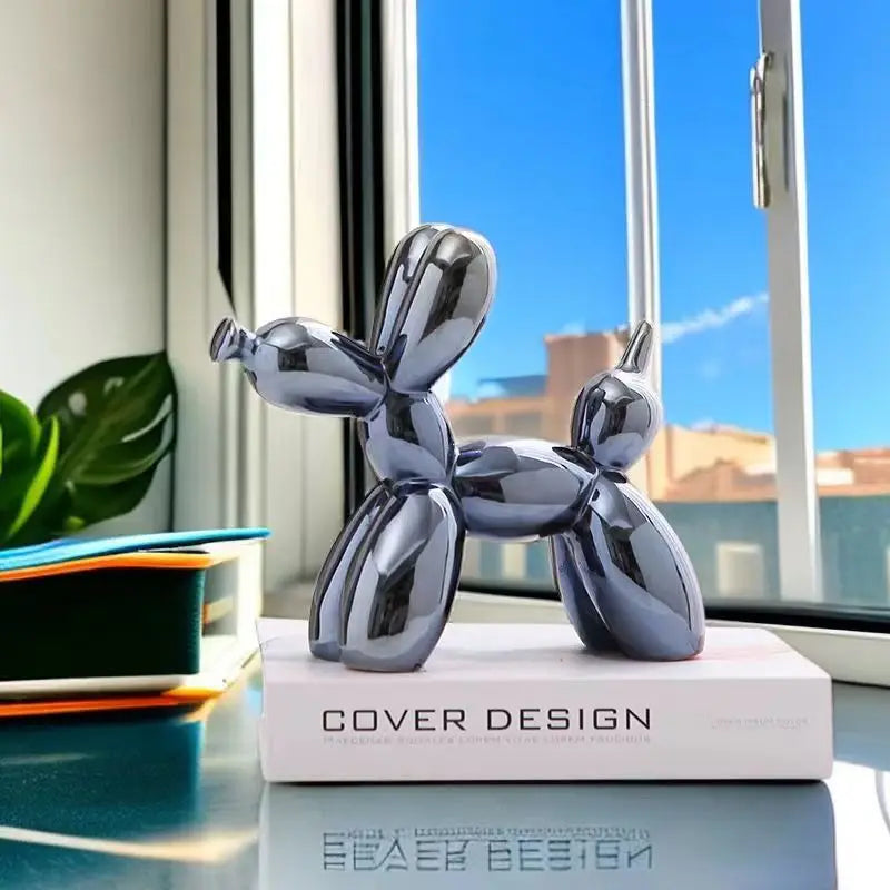 Multi-tone balloon dog ceramic statue for gallery-inspired decor.