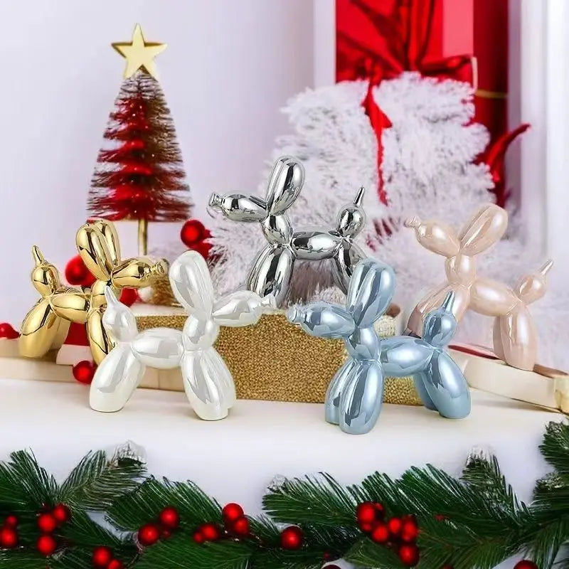 Deep blue ceramic balloon dog ornament for shelf styling.