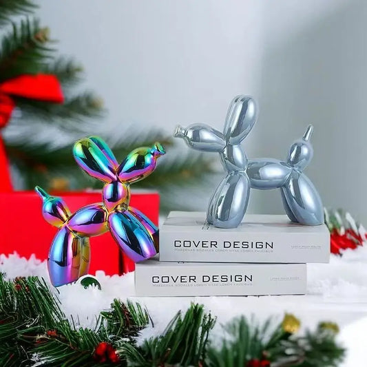 Silver balloon dog ceramic statue with reflective finish.