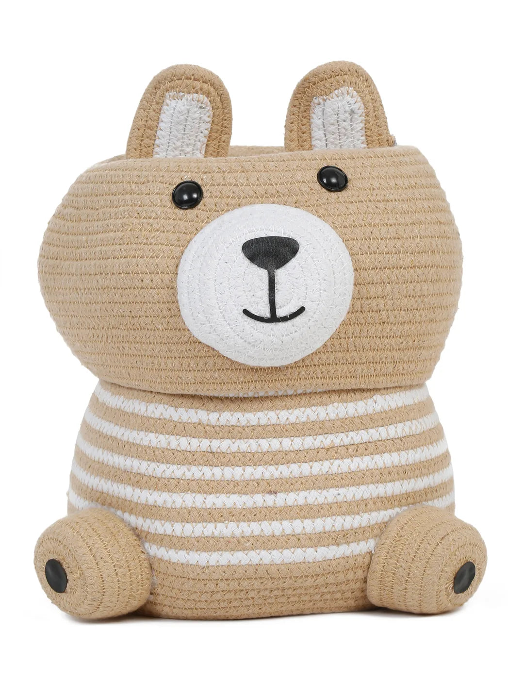 Beige striped bear face laundry hamper