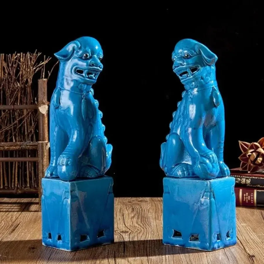 Jingdezhen ceramic Foo Dog sculptures for home decor.