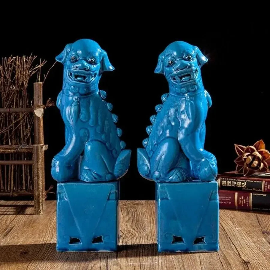 Antique blue Chinese guardian lion statue set.