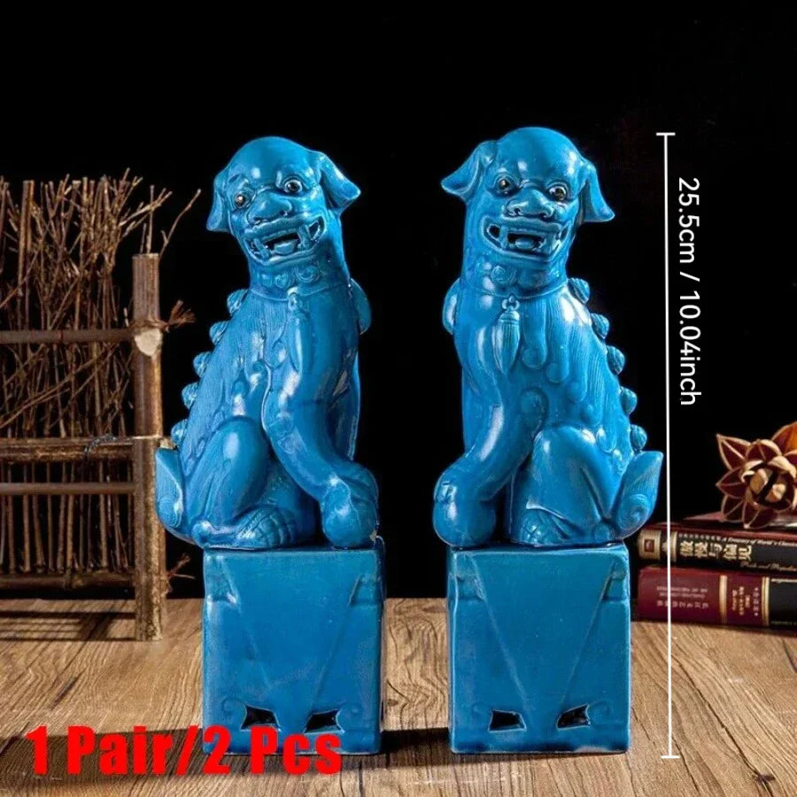 Traditional ceramic Foo Dog pair for interior decoration.
