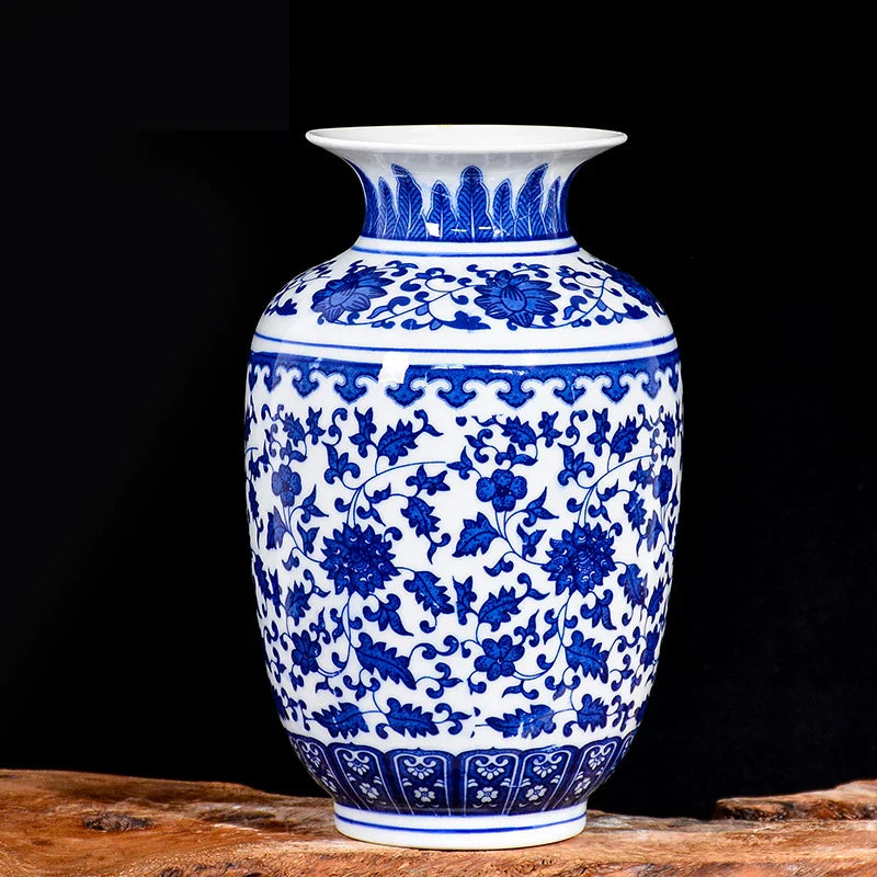 Blue and white porcelain vase with traditional floral design.