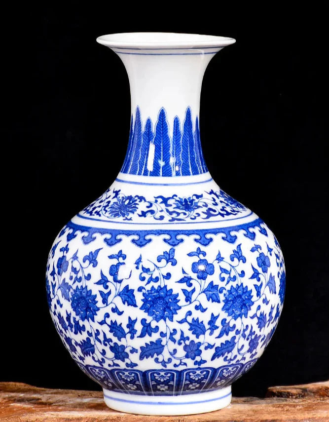 Artistic Chinese porcelain vase with blue flower patterns.