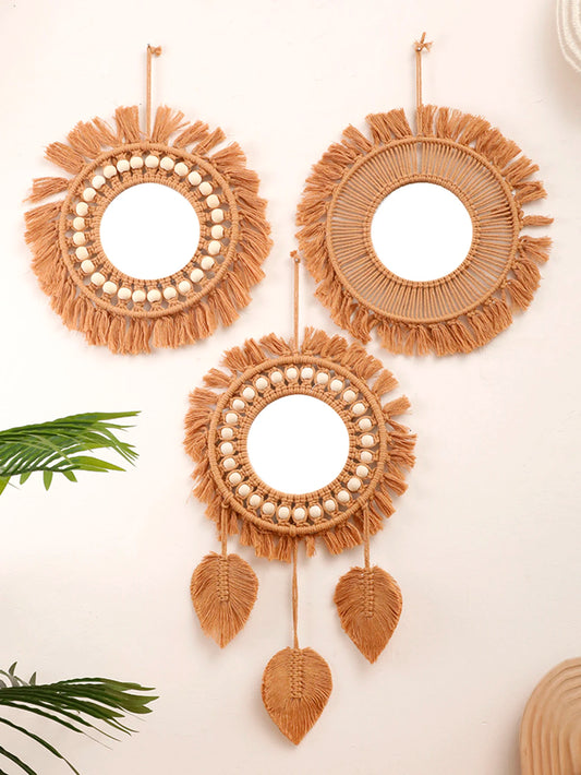 Bohemian macrame round wall mirror with woven cotton frame.