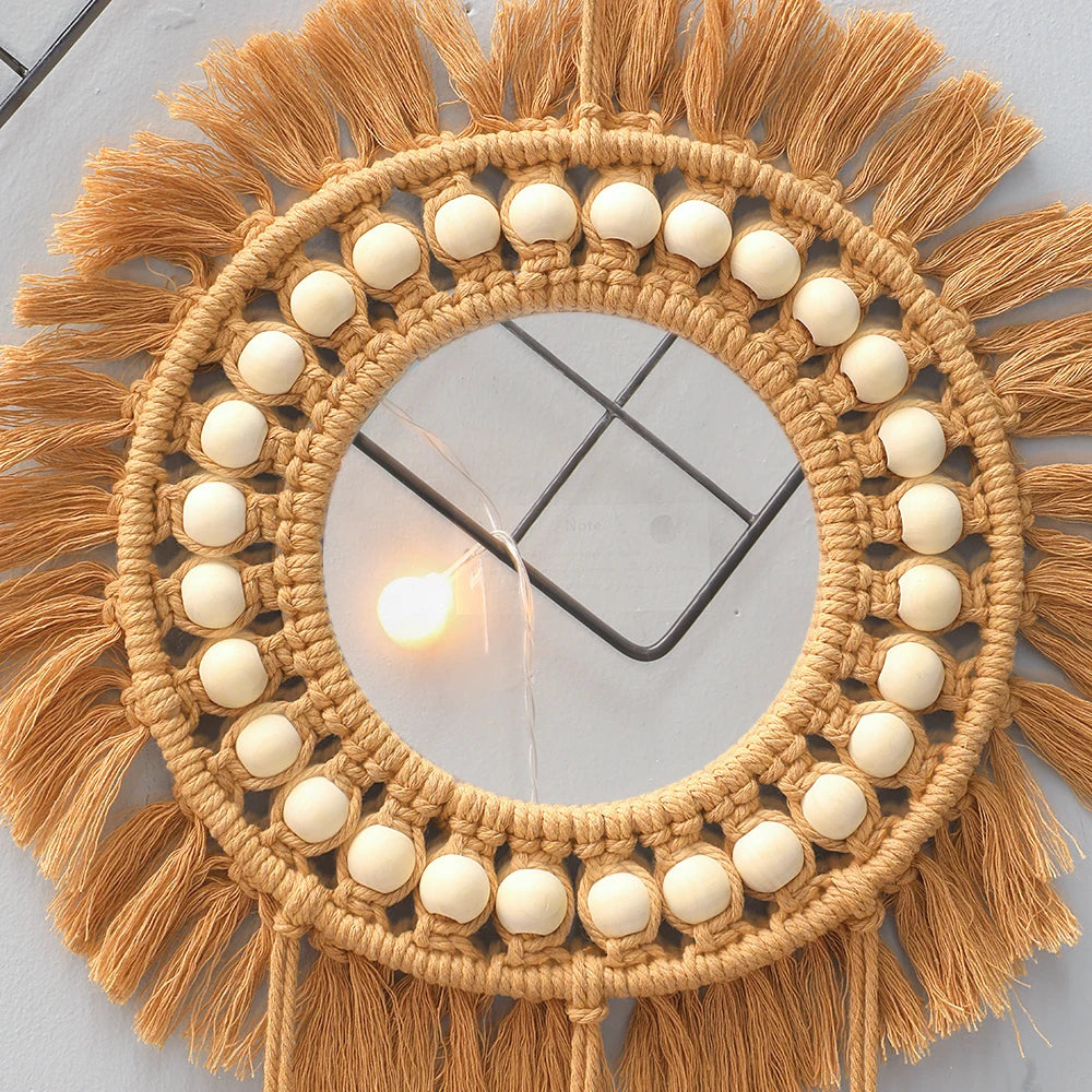 Elegant handwoven round mirror for aesthetic wall display.