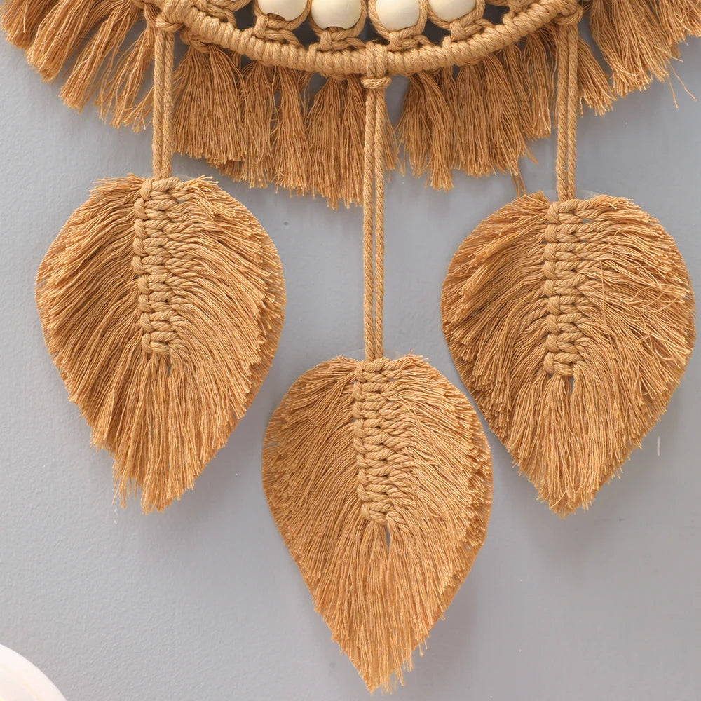 Boho style sunburst macrame mirror for hallway decoration.