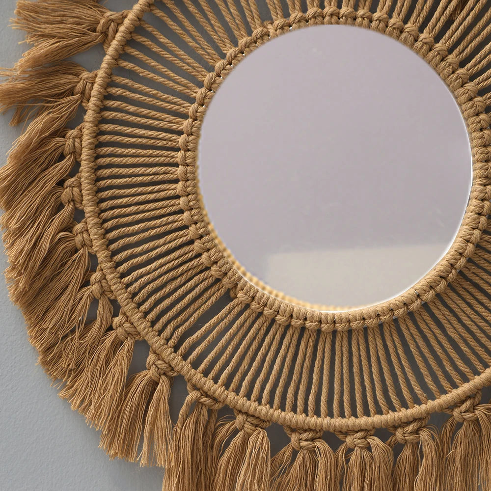 Decorative cotton woven round mirror with natural charm.