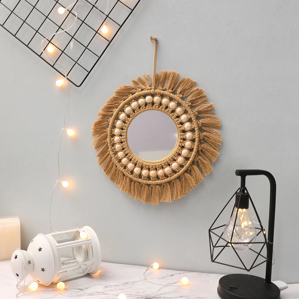 Vintage-inspired handwoven wall mirror for bedroom accent.