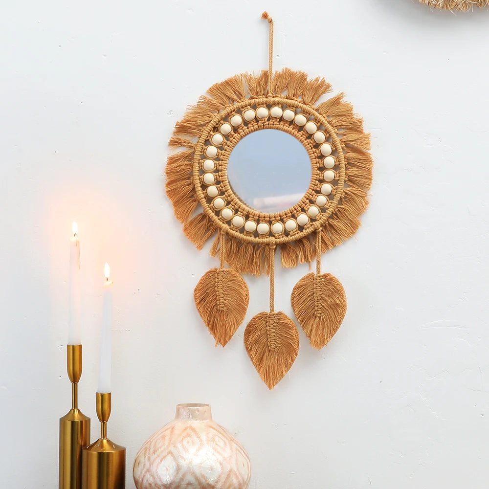 Bohemian leaf dream macrame wall mirror in coffee color.