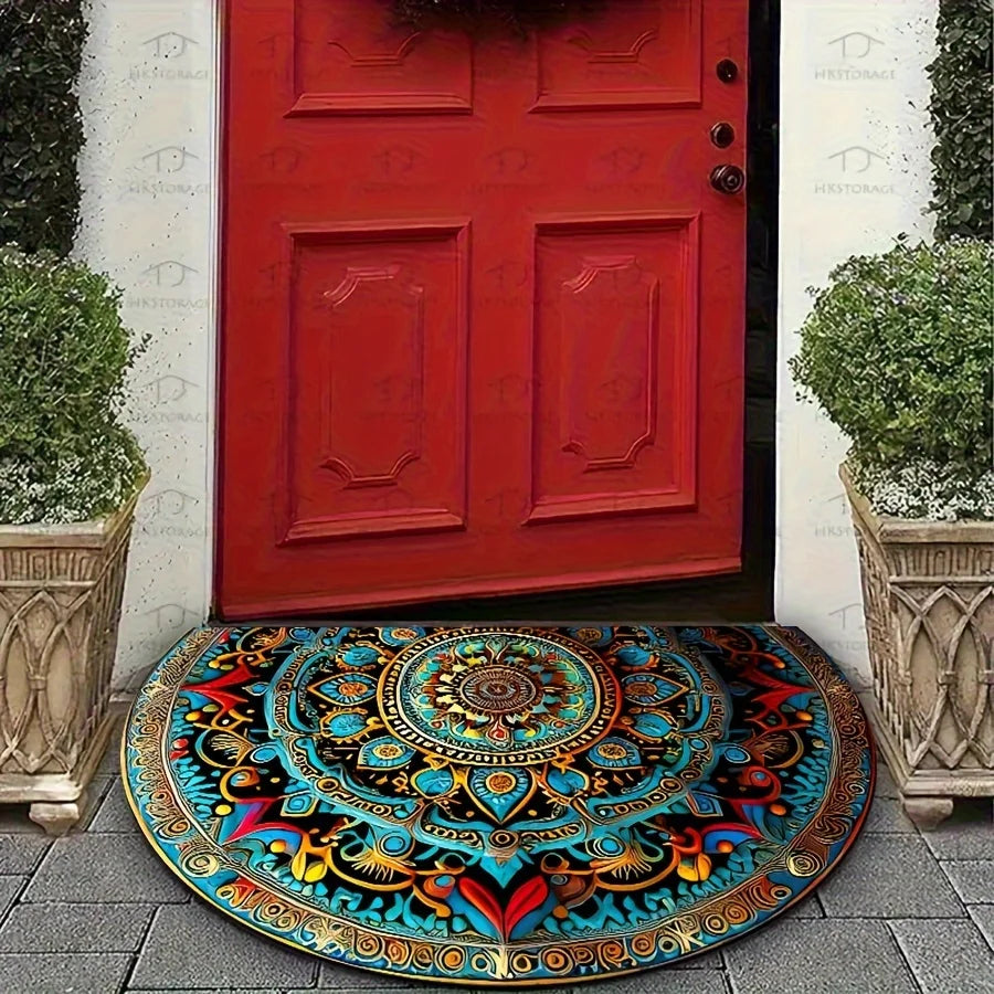 Bohemian mandala semi-circular entryway rug.
