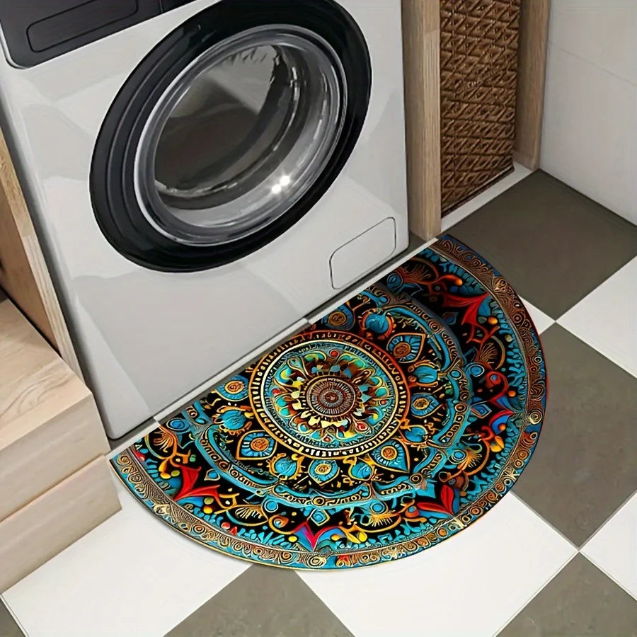 Non-slip boho half-round bathroom mat.