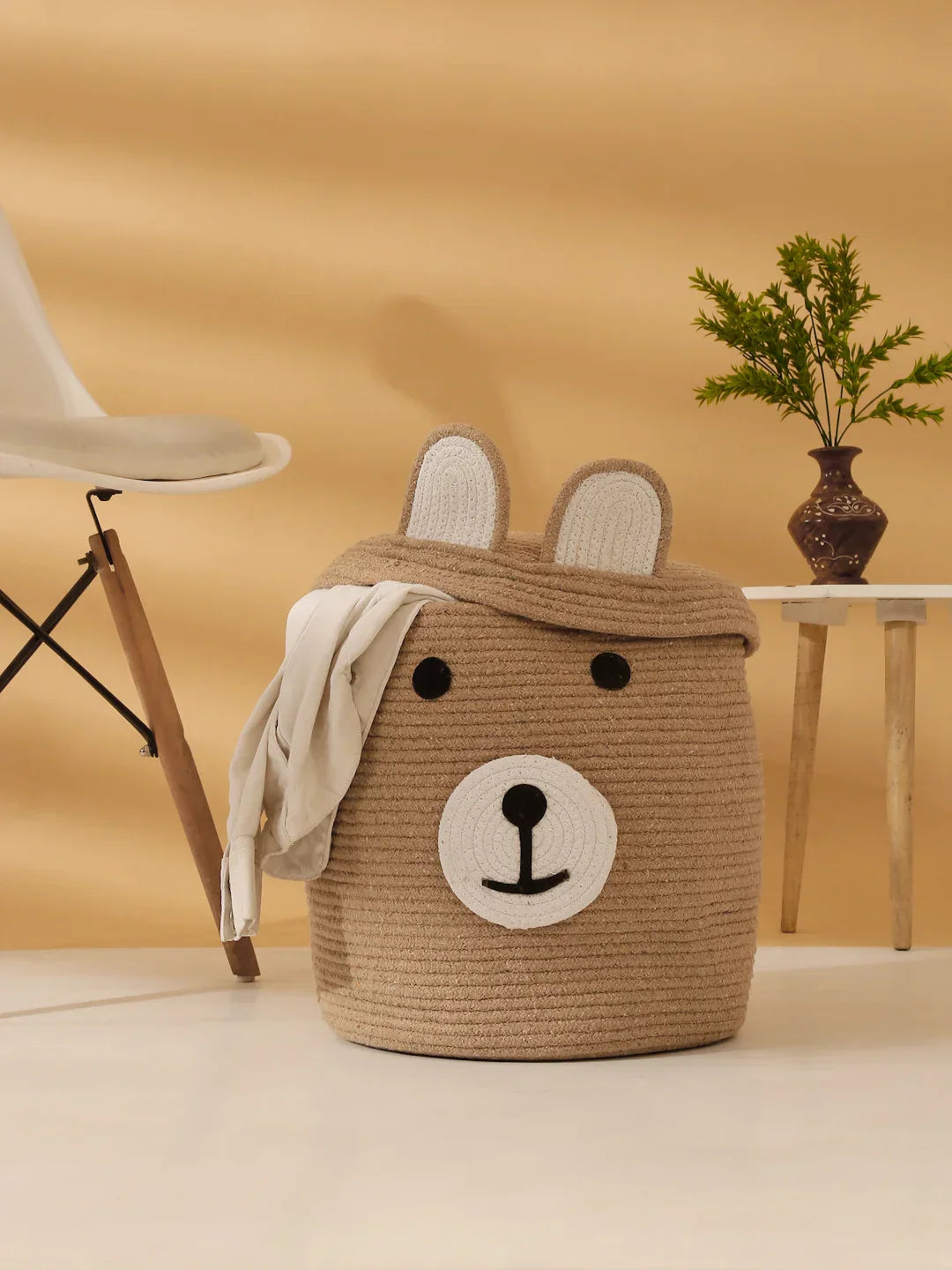 Handwoven jute cotton bear laundry basket