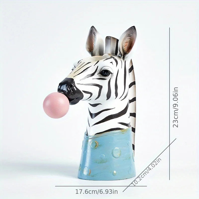 Bubble-gum style zebra head vase decorative centerpiece for shelf.