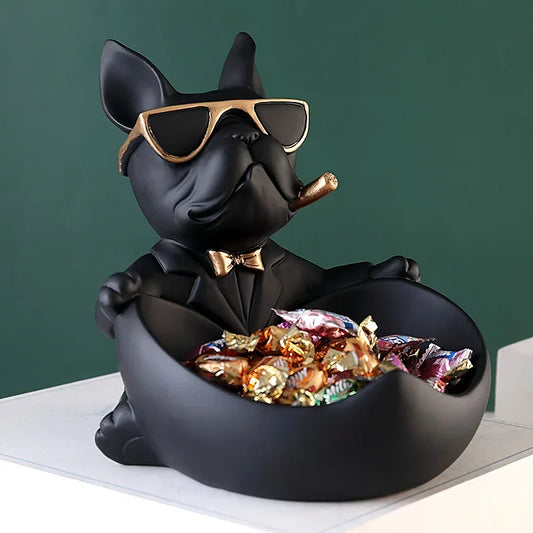 Black bulldog resin storage box with gold sunglasses.