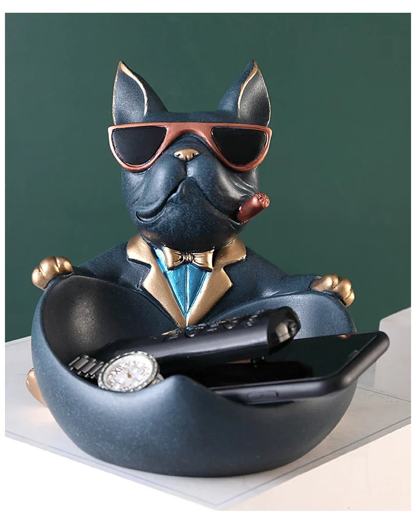 Modern resin bulldog desk organizer with storage bowl.