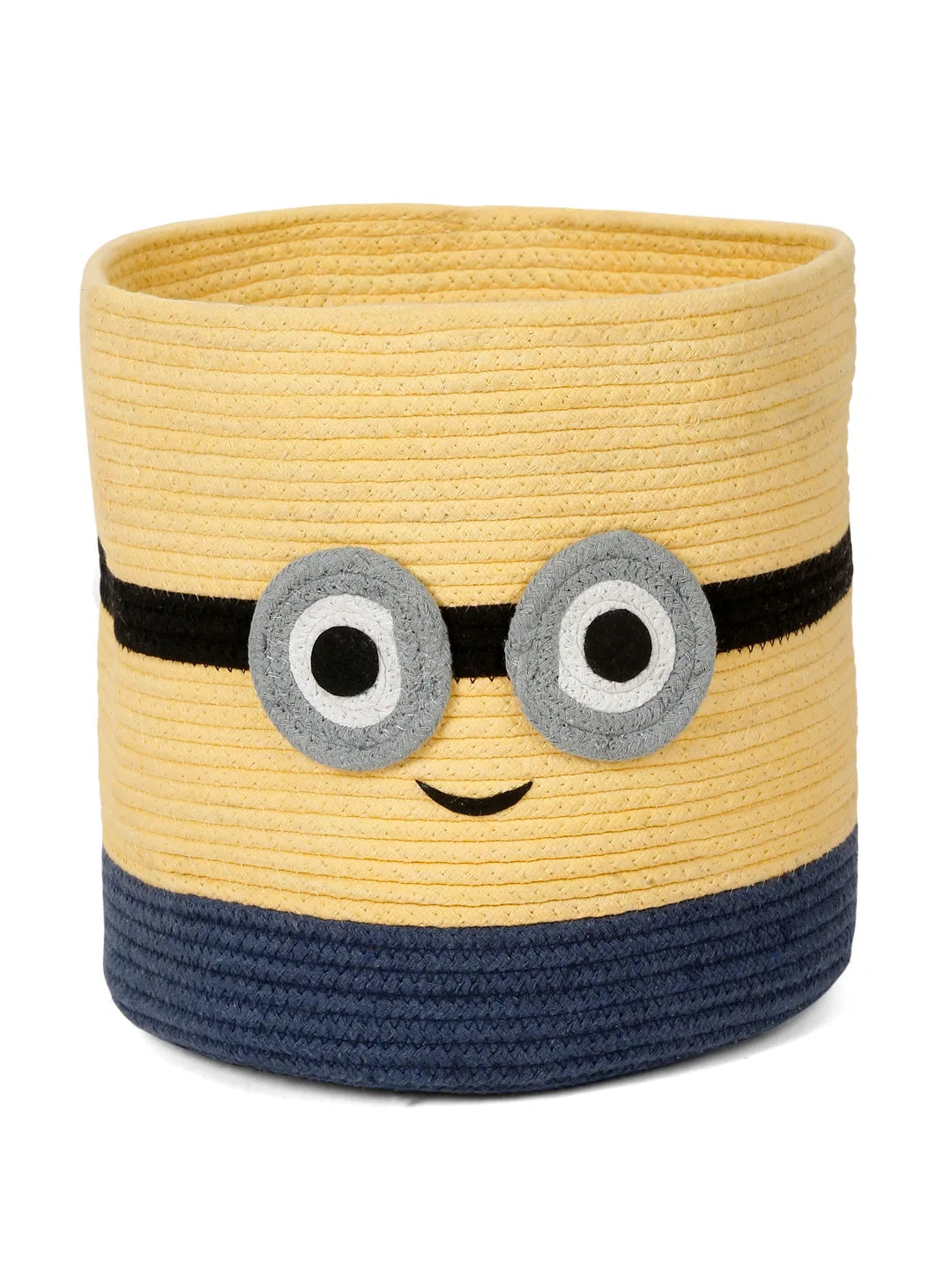 Yellow minion-inspired laundry hamper with cartoon face