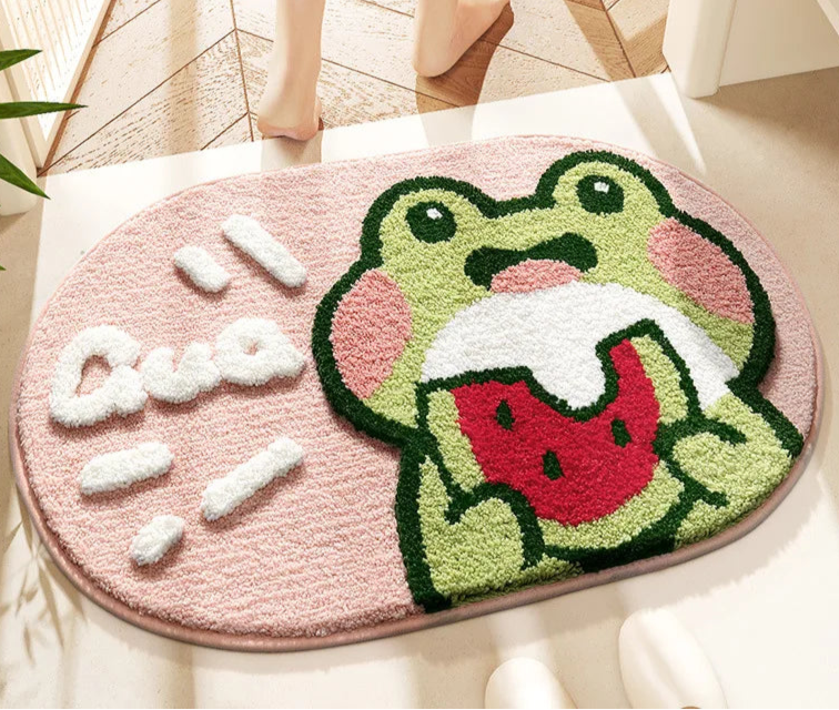 Pink Frog cartoon microfiber rug for shower or toilet area.