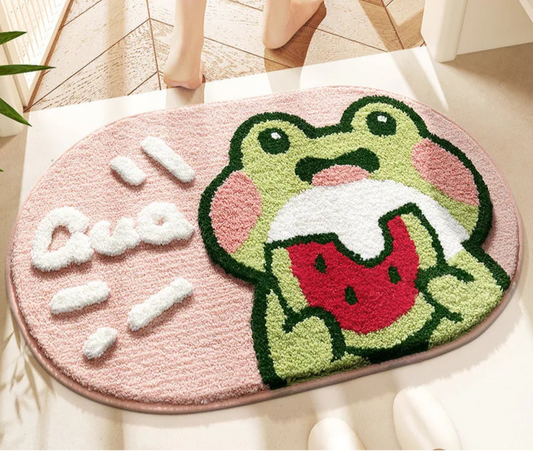 Pink Frog cartoon microfiber rug for shower or toilet area.