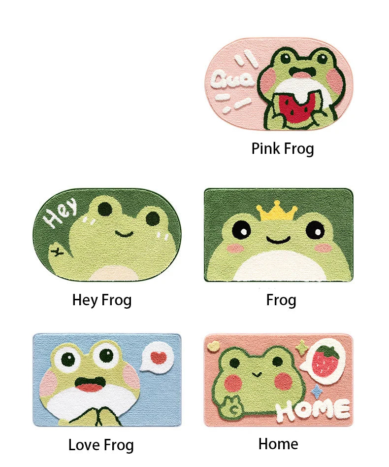 Pink and green frog bath mat with anti-slip PVC base.