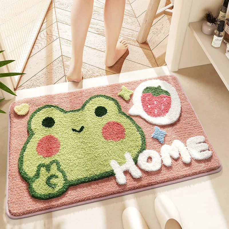 Absorbent microfiber frog rug for bathtub or sink area.