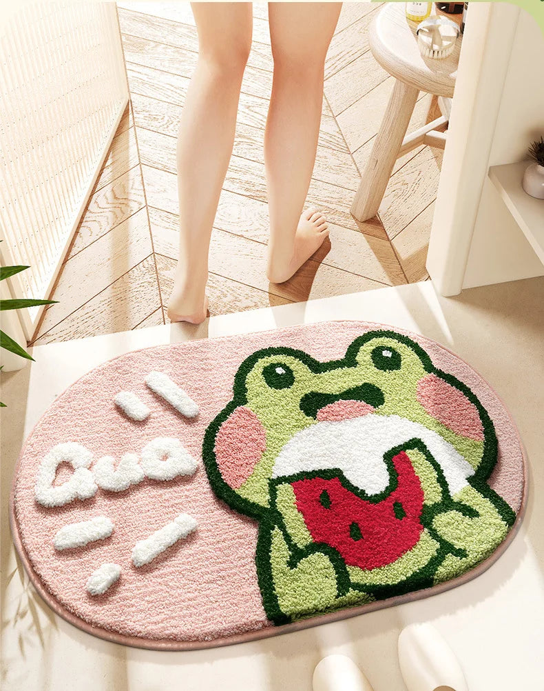 Playful frog design bathroom mat perfect for kids and families.
