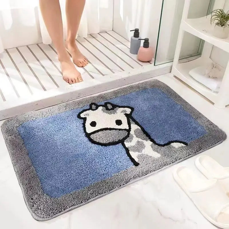 Innocent Giraffe Blue Cartoon Bathroom Absorbent Rug.