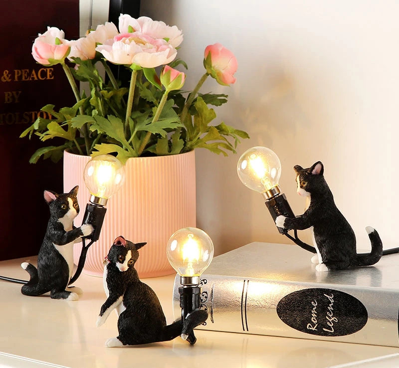 Whimsical resin cat table light for cozy ambiance.