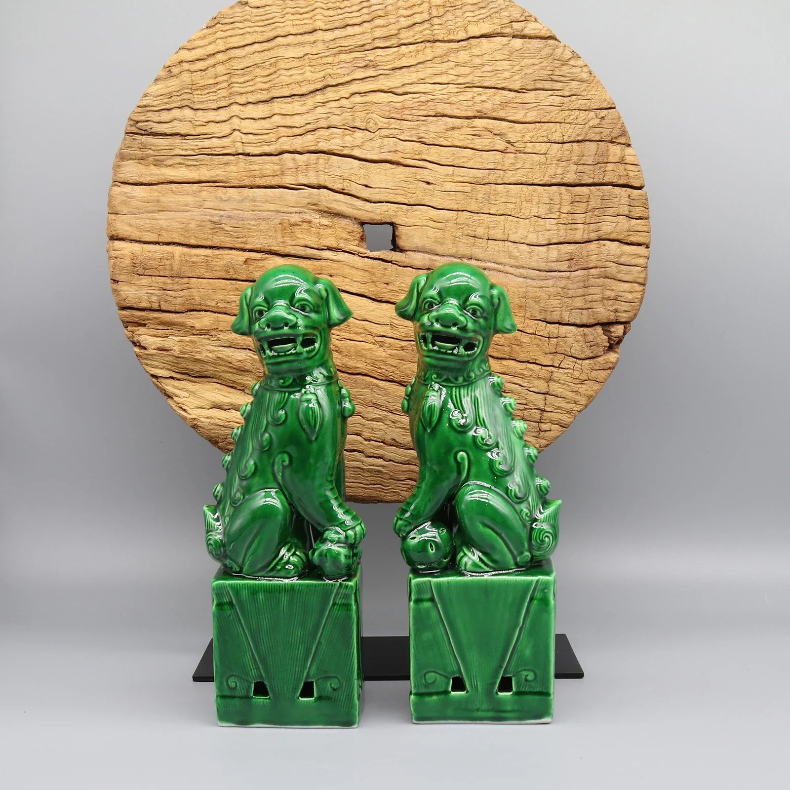 Glossy green Foo Dogs ceramic protective guardian lions.