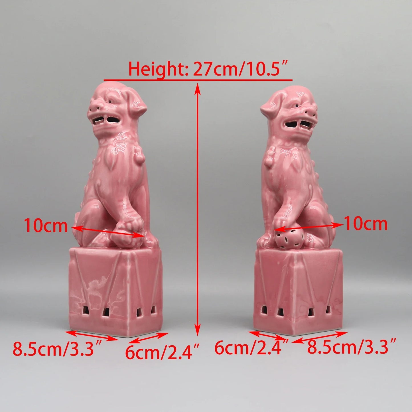 Red ceramic Foo Dogs pair Feng Shui protective décor.