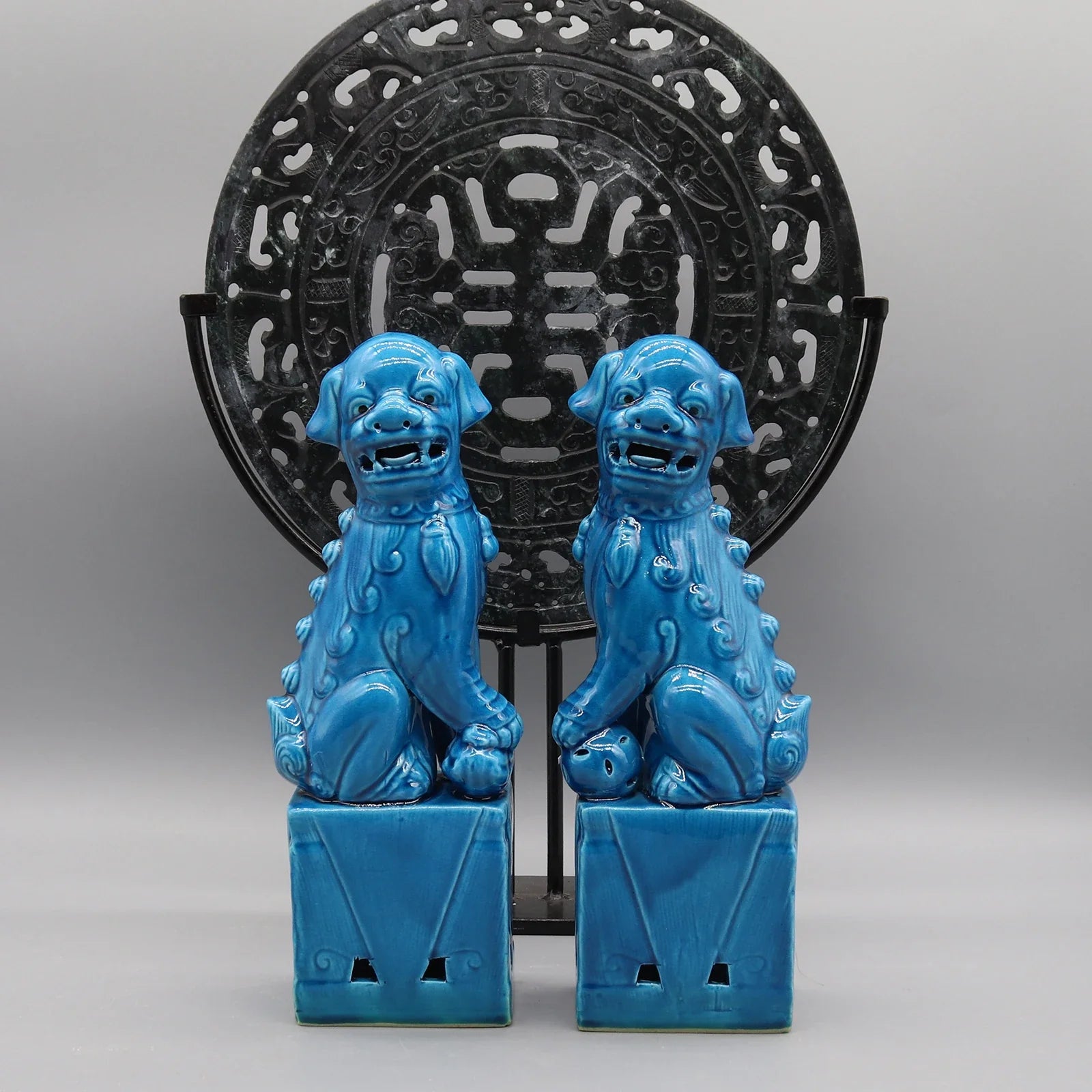 Army green Foo Dogs ceramic Feng Shui guardian lions.