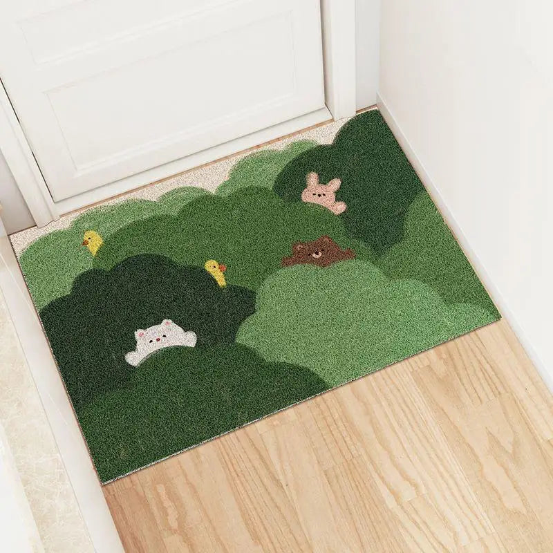 Easy-to-clean animal and plant patterned mat for entryway.
