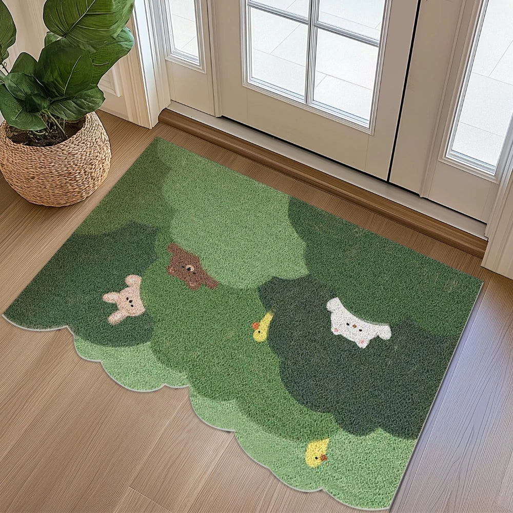 Spring-inspired welcome mat featuring cartoon animals in greenery.