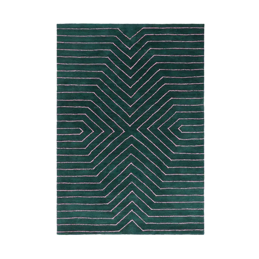 Elegant dark teal geometric hand-tufted wool area rug, perfect for a stylish bedroom or enhancing large living room spaces. This living room rug, sized 8x10, features a striking pattern that adds a modern touch to any decor.