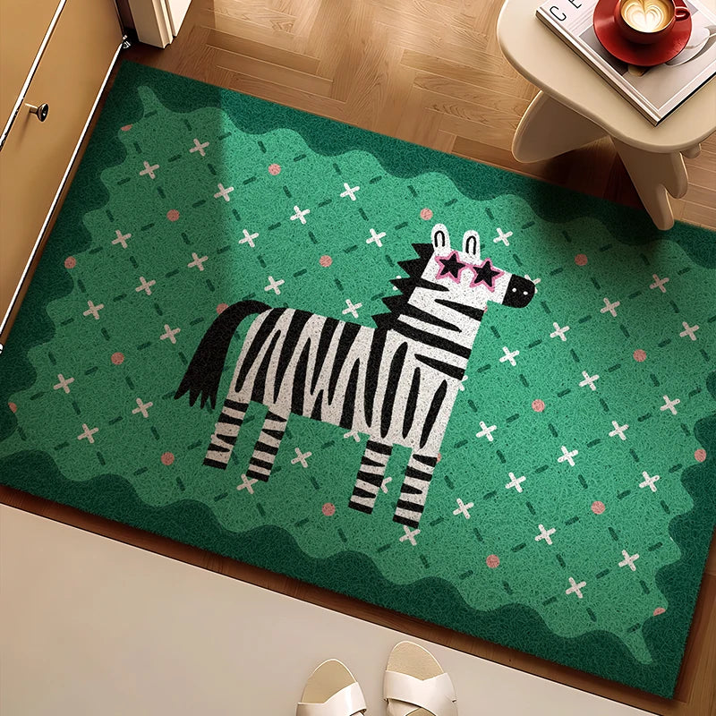 Green zebra pattern decorative entrance rug.